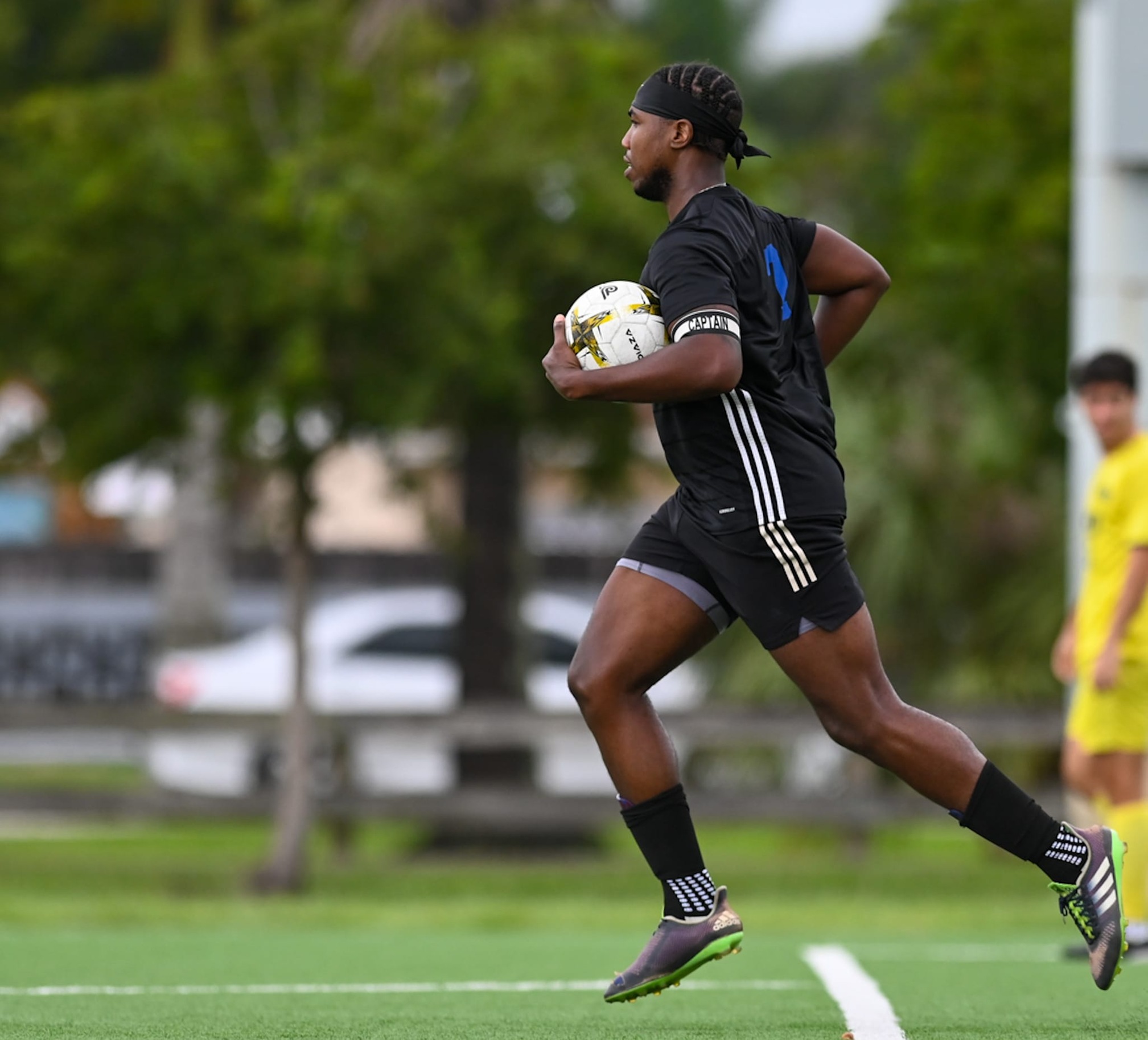University of The Bahamas winger forward Marlon Barnes celebrates his goal against Millennia Atlantic University October 19, 2024, at the Kendall Soccer Park in Miami, Florida. Mingoes fell 4-1.