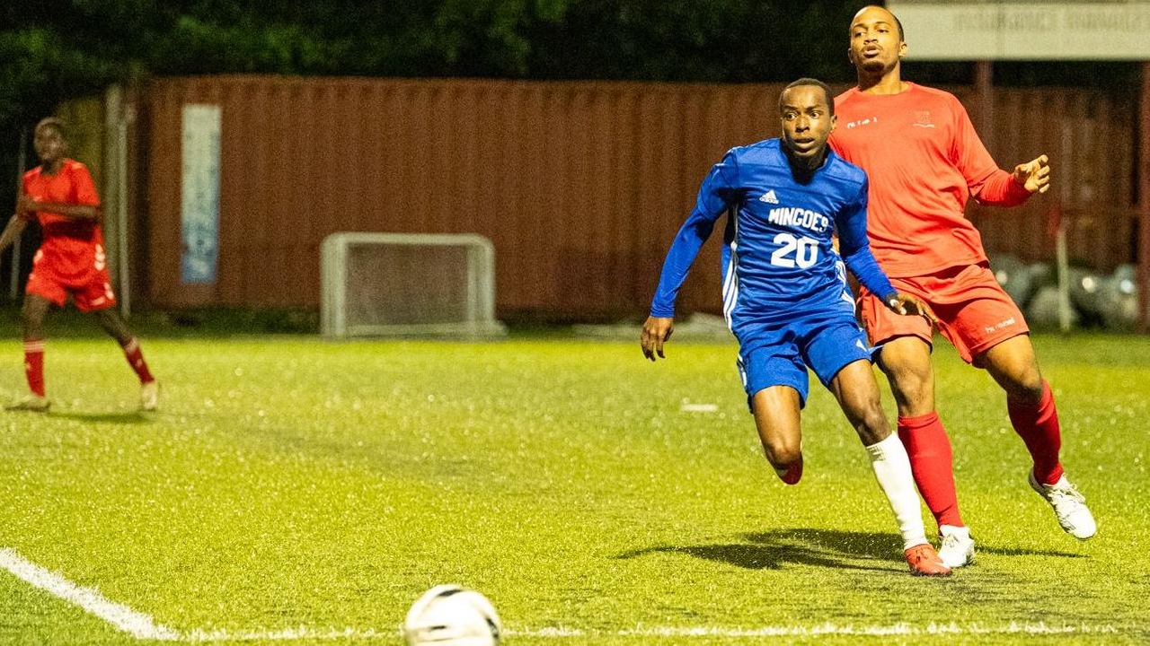 University of The Bahamas Mingoes forward Sidney Decius (center) for the ball against Cavalier FC Sunday, March 2 at the Roscow Davies Soccer Fields. Mingoes won 3-1. (UB Athletics).