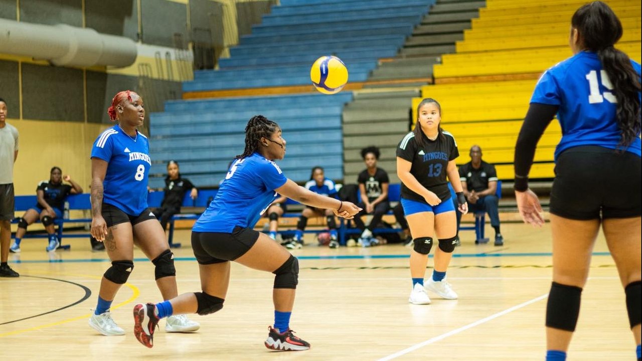 University of The Bahamas right hitter Davanna Douglas (Blue #5) bumps the ball in The Mingoes game against The Aces January 21, 2025 at The Kendal Issacs Gym. The Mingoes won 3-0. (UB ATHLETICS).